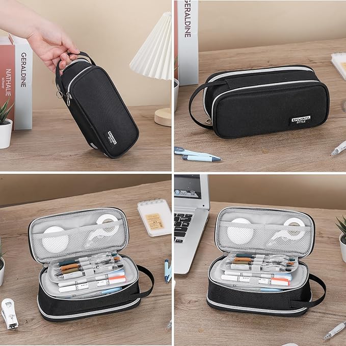 Pencil Case Large Zipper Pencil Pouch for Girls Kids Teens Adults Aesthetic Pencil Bag Stationery Organizer Pencil Case with Handle for School Black