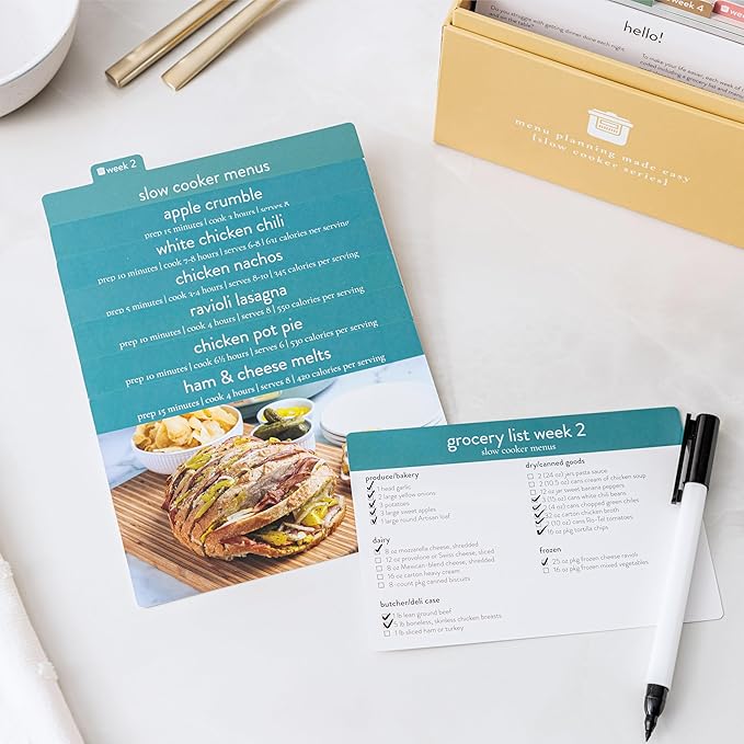 Meal Planner with 72 Photo Recipe Cards (Slow Cooker) - Weekly Menu Planner | Recipe Box | 12 Reusable Grocery Lists | 5 Blank Cards | Card Protectors | Easy Recipe Ideas with Pictures