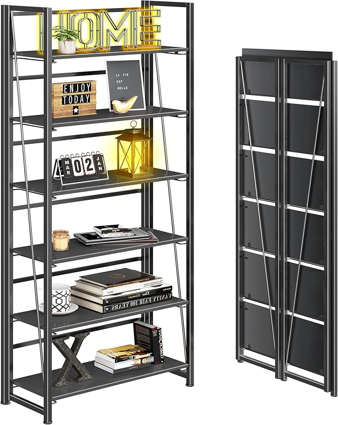 4NM No Assembly Folding Bookshelf, 6-Shelf 74" H Collapsible Foldable Bookcase Storage for Small Spaces, All Black