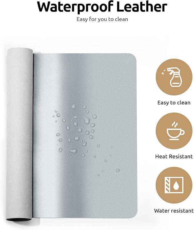 YSAGi Leather Desk Pad Protector, Office Desk Mat, Large Mouse Pad, Non-Slip PU Leather Desk Blotter, Laptop Desk Pad, Waterproof Desk Writing Pad for Office and Home (Silver, 35.4" x 17")