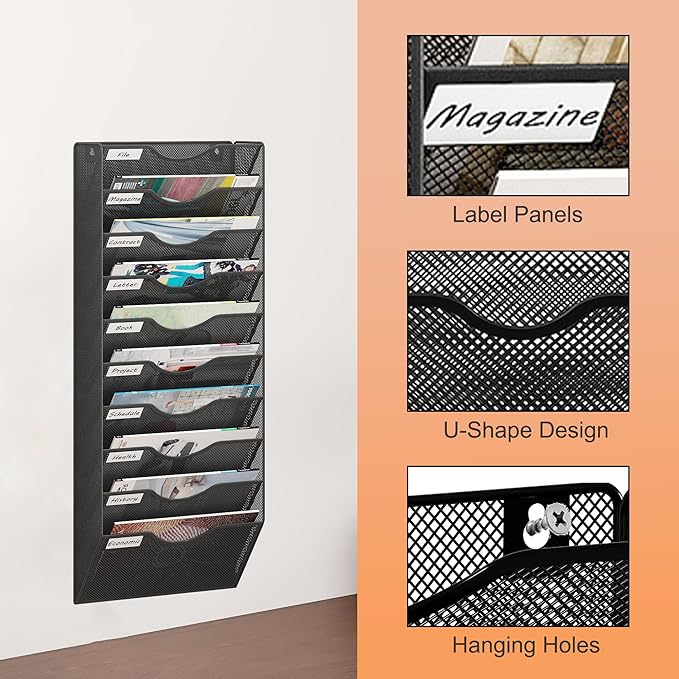10 Tier Hanging Wall File Holder, Metal A4 Wall Mounted Document Holder, Vertical Hanging Mail Organiser, Magazine Storage Rack with Tray for Office Home Classroom, Black