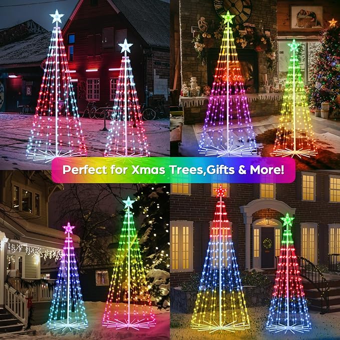 Smart Christmas Tree Lights with App & Remote Control, RGB Color Changing LED Cone Tree Lights, Music Sync, Custom Light Show, Waterproof Outdoor Decoration for Xmas, New Year, Parties (Set 2：5FT+6FT)