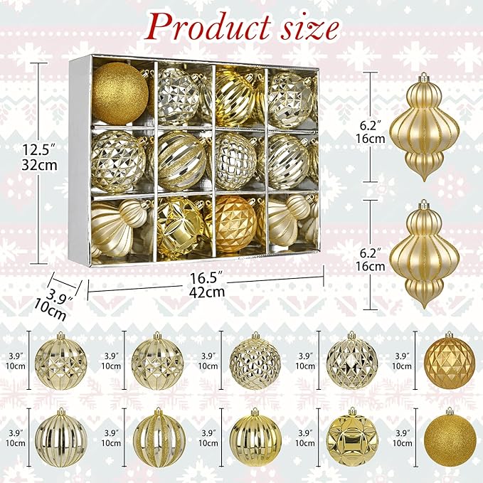 4" Christmas Ball Ornaments Set 12PCS Large Shatterproof Plastic Ornaments Christmas Tree Ball Hanging Ornaments for Xmas Tree Wedding Party Holiday Decorations - Champagne, Gold