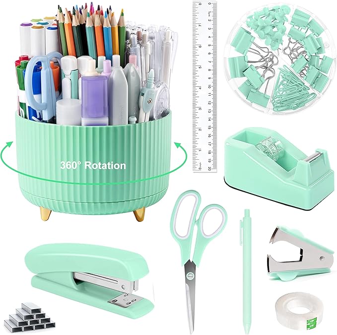 Green Office Supplies, Teal Desk Accessories 360°Pen Holder Desk Organizers and Accessories with Tape Dispenser, Stapler, Staple Remover, 1000 Staples, Tape, Clips Set, Ruler, Scissor, Pen
