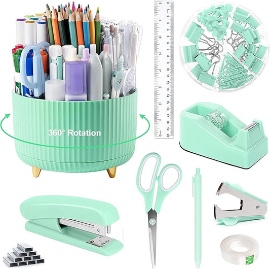 Green Office Supplies, Teal Desk Accessories 360°Pen Holder Desk Organizers and Accessories with Tape Dispenser, Stapler, Staple Remover, 1000 Staples, Tape, Clips Set, Ruler, Scissor, Pen