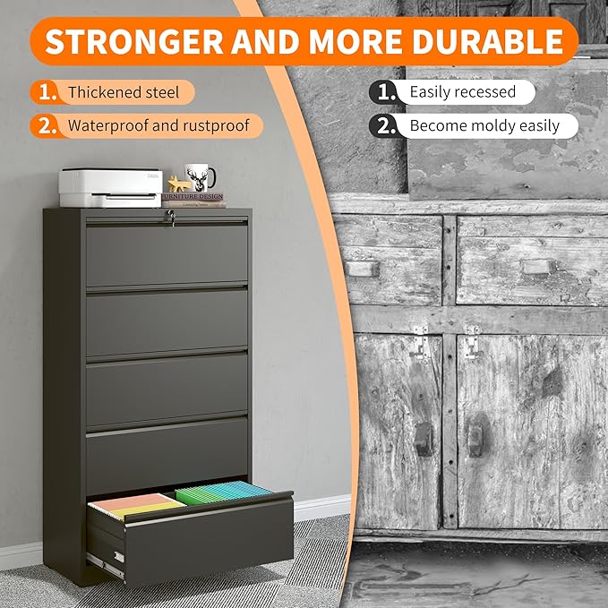 Locking File Cabinet with 5 Drawer Heavy Duty Large Metal Filing Cabinet Home Office Lateral File Cabinets Wide Steel Cabinets for Legal/Letter Size Files,Assembly Required