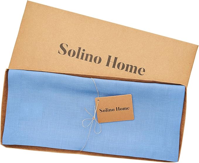 Solino Home Linen Table Runner 60 Inches - 100% Pure Linen Provence Blue Table Runner 14 x 60 Inch Ideal for Dresser and Coffee Tables - Fete - Christmas, Winter