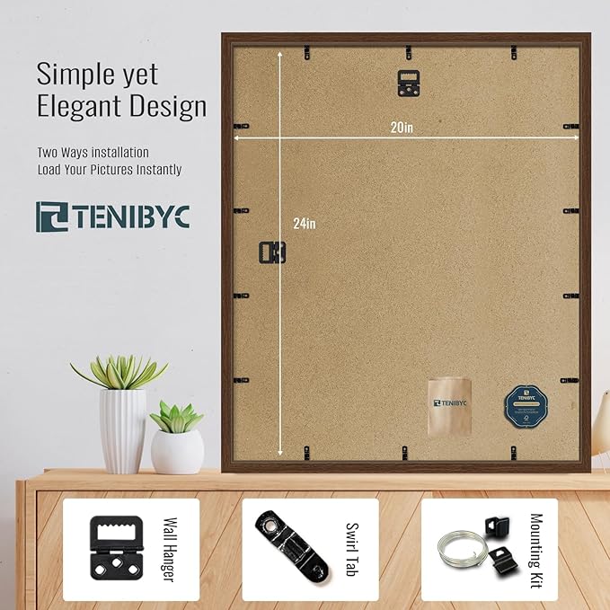 20x24 Picture Frame 4 Pack, Brown Wood Poster Frame, Horizontal and Vertical Display, Wall Hanging