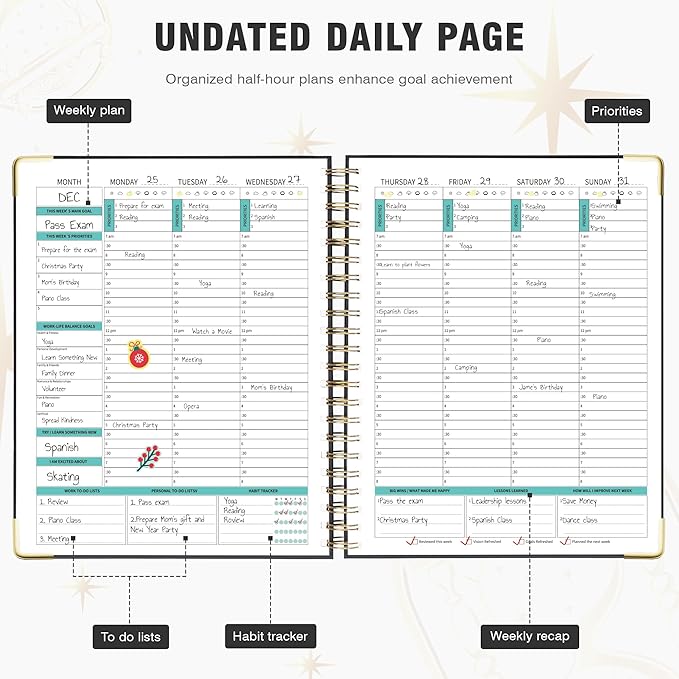 Ospelelf Spiral Bound Undated Daily Weekly Monthly Student Planner 2025 - Black Hourly Work Planner, Hardcover, 8.5 x 11