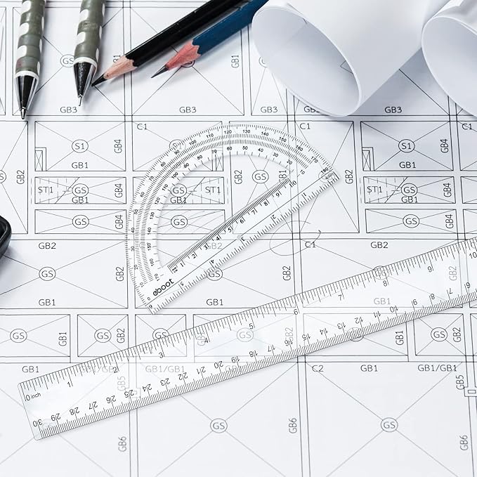 Zonon 2 Pack 12'' Plastic Ruler and 6'' Plastic Protractor Set Clear Ruler Protractor Set Math Geometry Supplies for School Classroom Home Office Drawing(Clear)