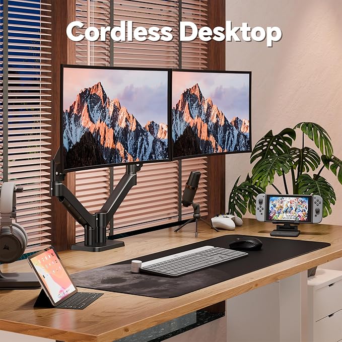 Dual Monitor Mount for Desk, Adjustable Monitor Desk Mount Swivel Vesa Bracket with C Clamp, Computer Monitor Arm Up to 32 Inches, Black