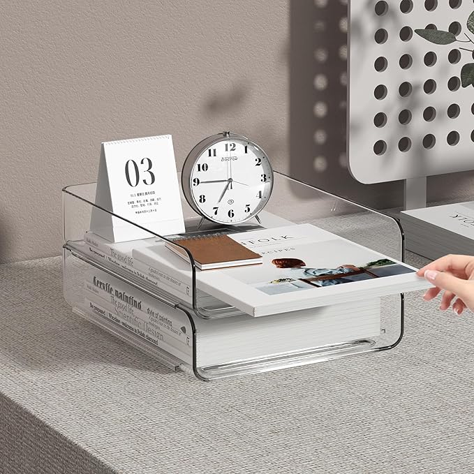 2-Tier Acrylic Paper Tray Organizer - Low-Profile Desk File Sorter for Office/Home, Clear Stackable Letter Tray for Bills, Crafts, Notebooks