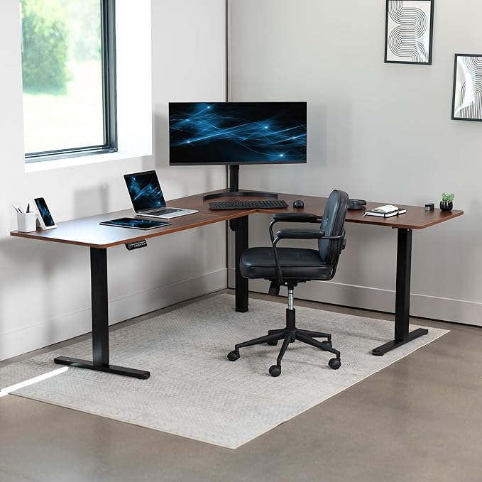 VIVO Electric Corner L-Shaped 75 x 63 in Standing Desk, Memory Height Adjustment, Dark Walnut Top Black Frame, DESK-E3CTD-75