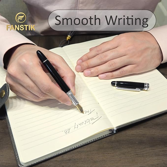 Customized Fountain pen with name (MADE IN USA), stainless steel, black and Silver, luxury engraved pen personalized for men and for women. (Fountain Black-Silver)