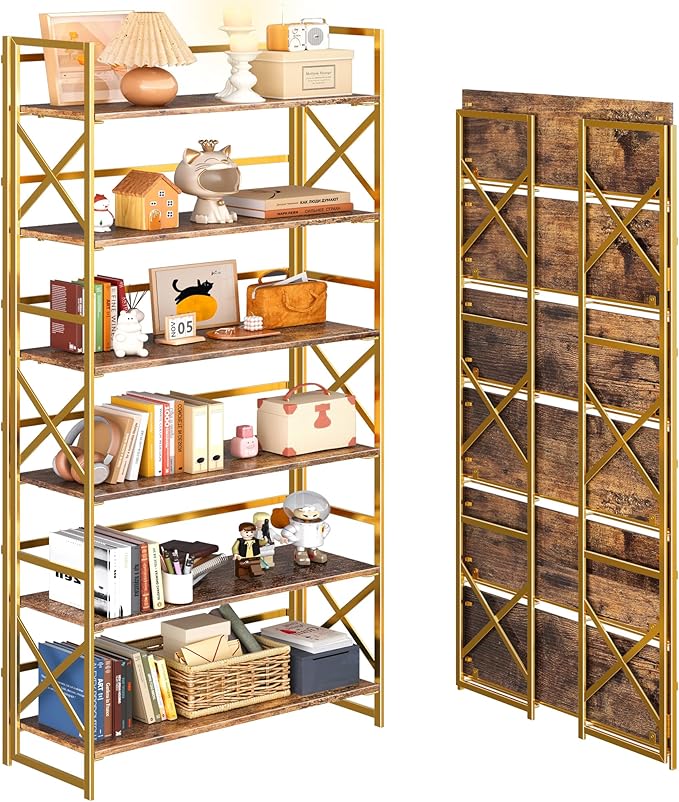 4NM Extra Wide 6 Tiers No Assembly Book Shelves, 61.8" H Folding Bookshelf Bookcase Open Industrial Foldable Shelves for Bedroom, Living Room, Home Office - Rustic Brown Gold