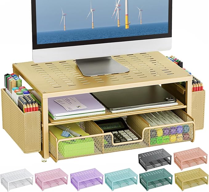 gianotter Desk Organizers and Accessories, Monitor Stand with Drawer and 2 Pen Holder, Desktop Organizer Suitable for Offices and Dormitories (Gold)