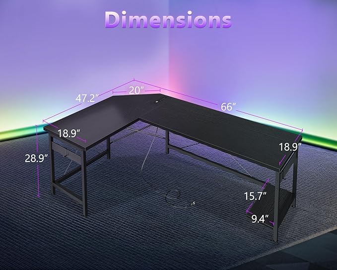 Coleshome 66" L Shaped Gaming Desk, Corner Computer Desk, Sturdy Home Office Computer Table, Writing Desk, Larger Gaming Desk Workstation, Black