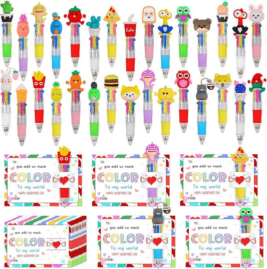 CZWZ 30 Set Cute Multicolor Pens in One 4-in-1 Fun Pens Bulk with 30 Valentines Day Cards for Valentine's Day Party Student Colleagues Greeting Exchange Gift Office School