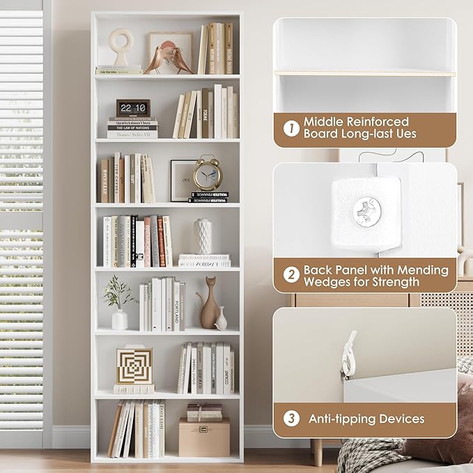 FACBOTALL 82" Tall Bookshelf, 7-Tier Open Shelves Bookcase, Freestanding Display Storage Shelves, Tall Bookcase Home Decor Furniture for Home Office, Living Room, Bedroom, White