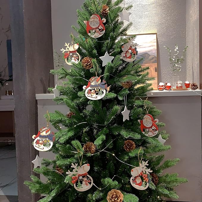 Christmas Ornaments Set 8-Pack, Retro Xmas Tree Hanging Ornaments, Wooden Santa Snowman Xmas Reideer Ornaments for Tree Holiday Decorations, Outdoor Holiday Home Decorations