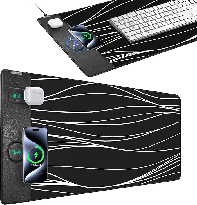 Mouse Pad with Wireless Charging, Gaming Mouse Pad with Ultra-Smooth Surface, Large XXL Desk Mat, Non-Slip Mouse Mat, Waterproof Computer Keyboard Pad for Desk, Office, 800x400x4MM, Black and Line