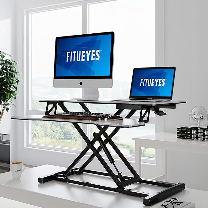 FITUEYES Height Adjustable Standing Desk 32” Wide Sit to Stand Converter Stand Up Desk Tabletop Workstation for Laptops Dual Monitor Riser White SD308003WW