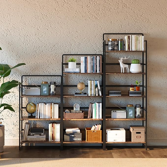 4NM No Assembly Folding Bookshelf, 3-Shelf 42.1" H Collapsible Foldable Bookcase Storage for Small Spaces, Rustic Brown and Black