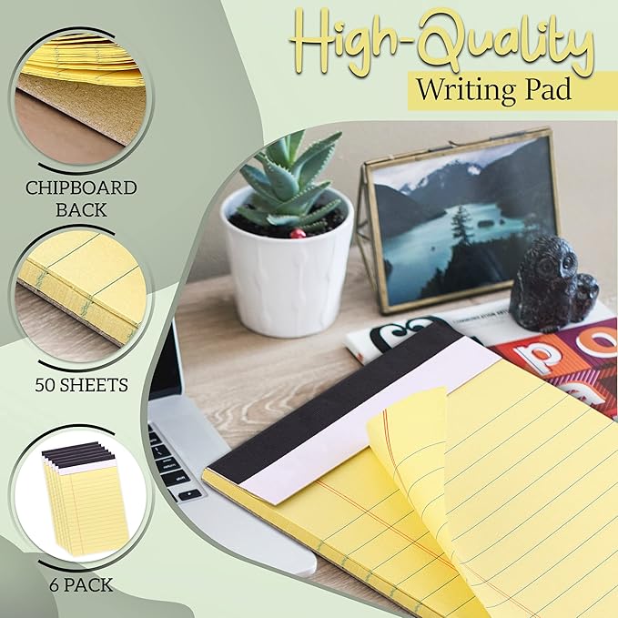 Emraw Jr. Legal pad, legal/wide Ruled Writing Pad. Perforated Edge. 5" X 8" Canary Yellow, Universal, Junior Size 50 sheets per Pad (Pack of 6)