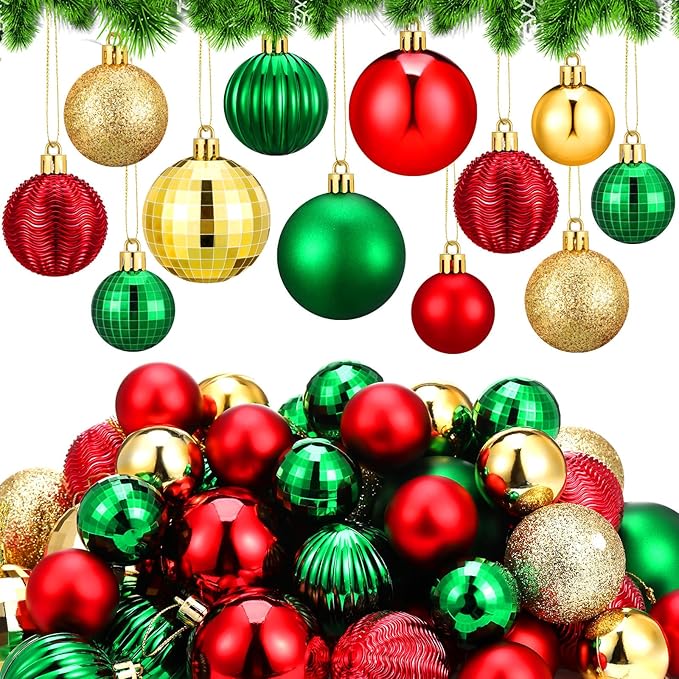 64 Pcs Christmas Ball Ornaments for Christmas Tree Glitter Red Gold Green Ball Ornament Hanging Christmas Decoration Assorted Size Christmas Ornament for Party Supplies, 1.6/1.97/2.4 Inch