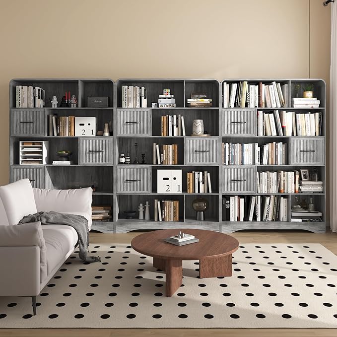 70" Tall Book Shelf and Bookcase, Tall Bookshelf with Storage, 48" Wide Modern Bookcase with Drawers Adjustable 3 Bins Storage, Large Bookshelf Wood 13" Deep Display Shelves for Living Room, Grey