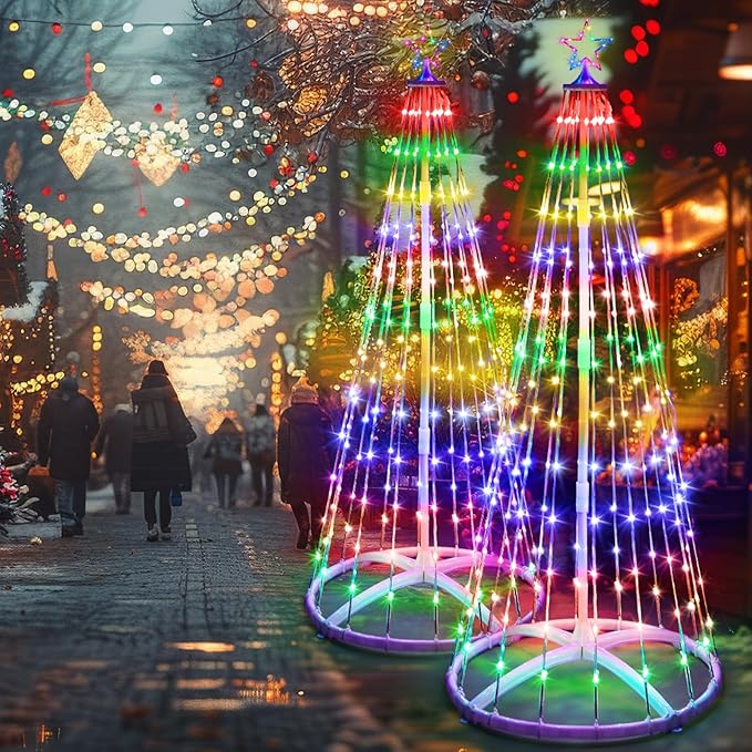 2 Pack 9FT Christmas LED Cone Tree Lights 24 Modes Color Changing with Timer Foldable Lighted Trees Waterproof Outdoor String Lights Holiday Decor for Christmas New Year Xmas Decorations