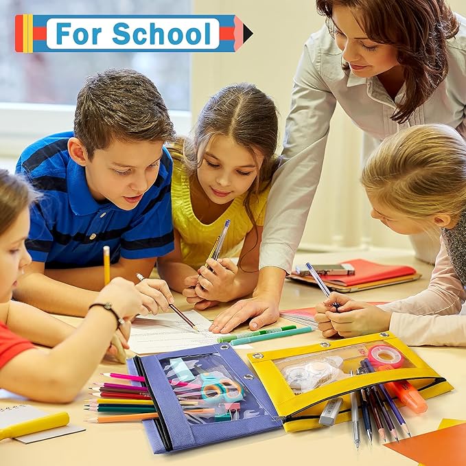 Pencil Pouch for 3 Ring Binder, Pencil Pouches with Zipper & Clear Window - 6 Assorted Color, Pencil Case Bulk for 3-Holes Binder, Multi-Purpose Storage Bag for Office, School Supplies (6)