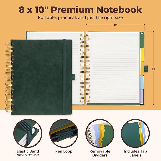 Hardcover Leather Lined Spiral Notebook 8x10" with Removable Dividers - Green - 300 Pages 5 Subject College Ruled Notebook for Work with Tabs, Pockets, and Pen Loop for Note Taking, Large Journal