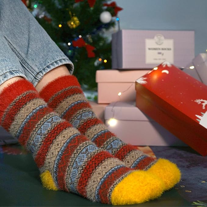 ICEIVY 5 Pair Fuzzy Cozy Socks for Women - Warm Comfy Soft Casual Home Sleep Winter Wool Socks - Gifts for Women