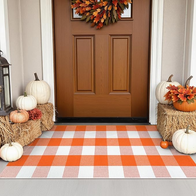 KIMODE Halloween Door Mat Outdoor 27.5"x43", Fall Decor Buffalo Plaid Outdoor Rug,Farmhouse Checkered Layered Welcome Door Mat for Entryway,Halloween Front Porch Decor,Orange and White
