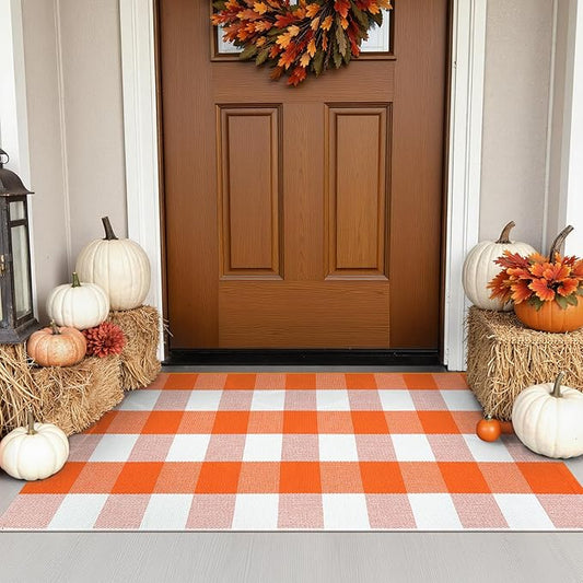 KIMODE Halloween Door Mat Outdoor 27.5"x43", Fall Decor Buffalo Plaid Outdoor Rug,Farmhouse Checkered Layered Welcome Door Mat for Entryway,Halloween Front Porch Decor,Orange and White