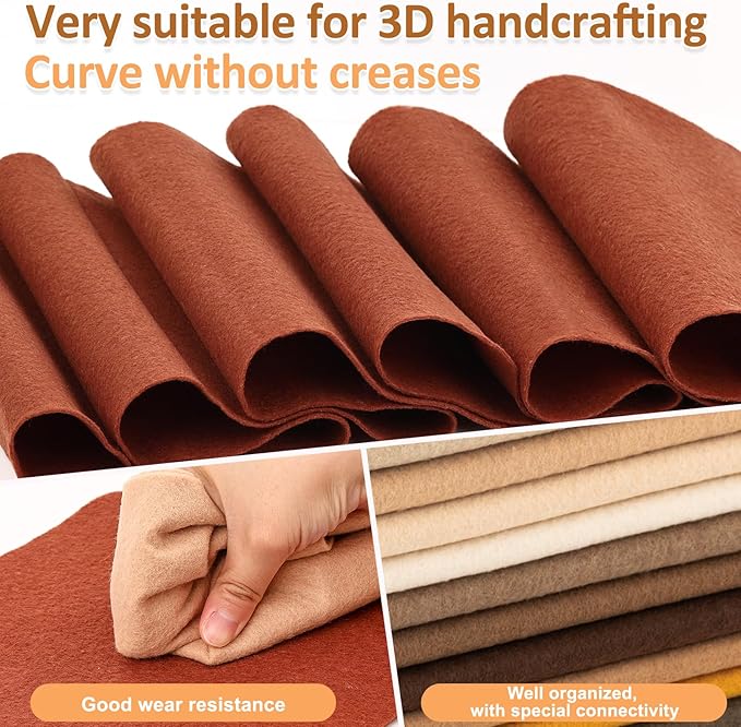 XSEINO 12 Rolls 8"x35"(20.5x90cm) 1.4mm Thick Soft Felt Fabric Sheet 12 Assorted Brown Series Colors Felt Pack for DIY Craft Sewing Squares Nonwoven Patchwork
