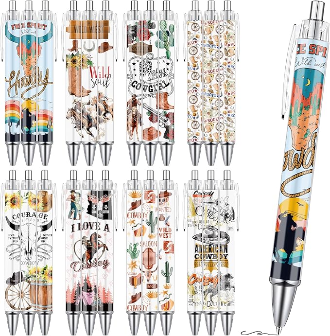Western Cowboy Ballpoint Pens - 24PCS Cute Cowboy Print Pens Set Horse Cow Skull Smooth Writing Pens Retractable Boots Hat Pen for School Office Supplies for Women Teacher Birthday Gifts