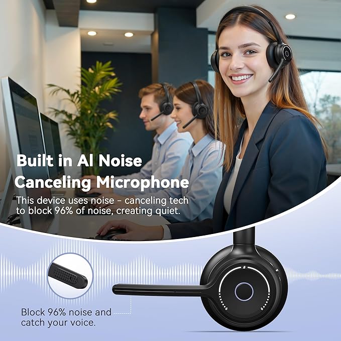 (2025 Upgraded) Wireless Headset with Mic for Work, Bluetooth Headset with Noise Canceling Microphone, Wireless Headphones with Mic and USB Dongle and Mute, Fit for Computer/PC/Teams