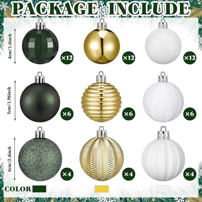 64 Pcs Christmas Ball Ornaments Bulk Emerald Green Gold White Christmas Tree Decorations 1.6/1.97/2.4 Inch Shatterproof Glitter Xmas Baubles Assorted Xmas Bulbs Ornaments for Tree Home Decor
