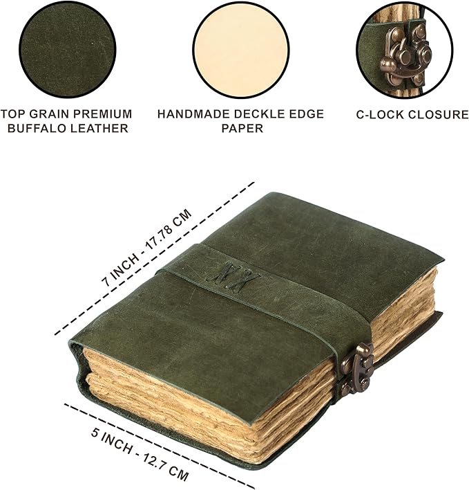 Vintage Leather Journal Handmade Buffalo Non-Refillable Deckle Edge Paper – Leather Bound Journal for Women Men C-Lock Closure Ideal for Writing & Travel for Artists (Dark Green)