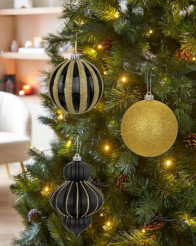 4" Christmas Ball Ornaments Set 12PCS Large Shatterproof Plastic Ornaments Christmas Tree Ball Hanging Ornaments for Xmas Tree Wedding Party Holiday Decorations - Black, Gold