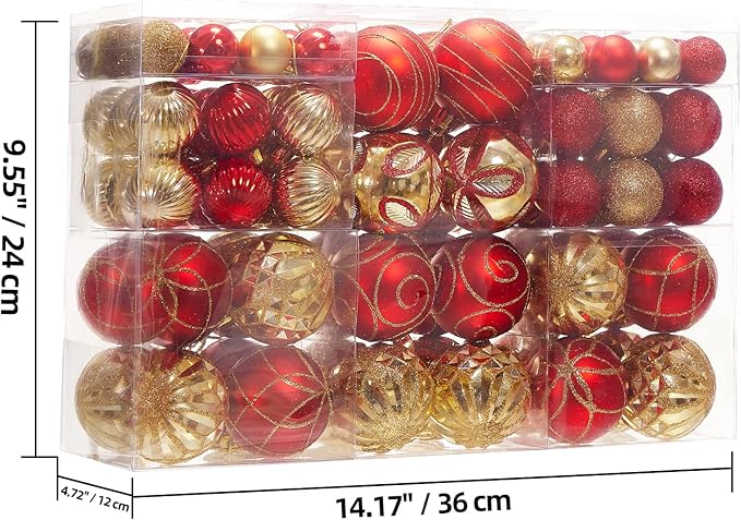 100Pcs Elegant Christmas Ball Set Christmas Tree Ornaments with Glitter and Patterns Bulk Ornaments for Tree as Festive Christmas Decor Xmas Ball Set Red Gold