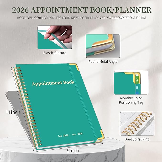 2026 Appointment Book/Planner - 2026 Daily Hourly Planner from Jan. 2026 - Dec. 2026, Weekly appointment Book 2026, 2026 Hourly planner with 20-Minute Interval, 9" x 11", Twin-Wire Binding, Colorful Tabs, Pocket -Aquamarine
