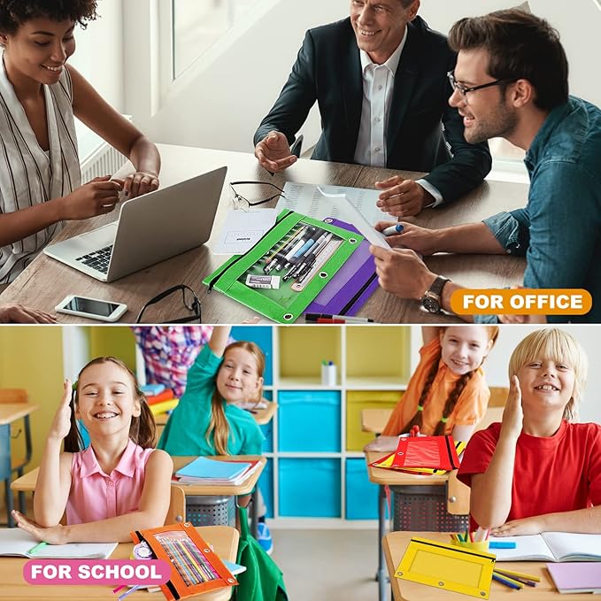 Pencil Pouch for 3 Ring Binder, Bulk 6 Pack 3 Hole Zipper Pencil Pouches with Clear Window, Pencils Bags in Assorted Colors, Sturdy and Durable Cloth Pencils Case for School Office College Supplies