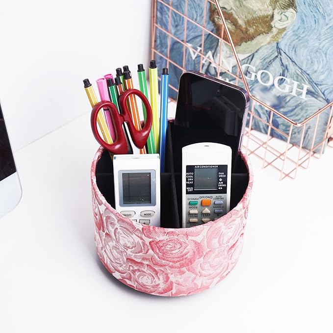 QIELIZI Round Leather Art Supply Organizer,Remote Control Holder,360 Degree Rotating,Multi-Functional Pencil Holder,4 Compartments Desktop Stationary Organizer(1-3D Rose Pink)