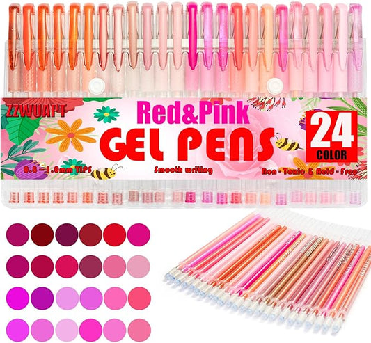 Red Pink Gel Pens for Coloring Book,72 Color Gel Pens Set including 24 Color Gel Pen with 48 Refills,40% More Ink Colored Gel Pens for Drawing, Doodling, Scrapbook, Journaling