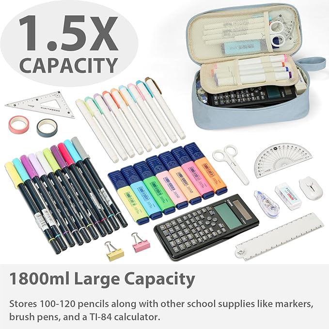 Pencil Case Pouch Box Bag School Supplies Girls Boys Kids, Cute Preppy Stuff Large Big Capacity Aesthetic Pen Organizer, Back to College Stationary, Powder Blue, Standard Stlye, 1800ml