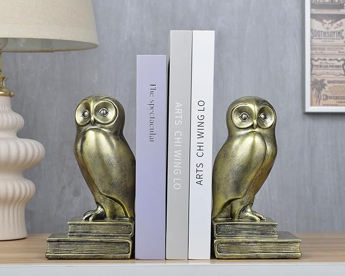 Vintage Gold Owl Bookends,Resin Animal Decorative Book Ends for Shelves,Book Holder with Anti-Slip Base,Luxurious Bird Bookends for Kids Rooms Office Home Decor,Unique Book Lover Gift