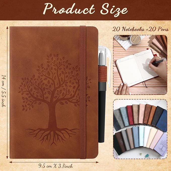 Estune Tree Small Notebooks Pen Leather Lined Pocket Subject Notebooks Hardcover Pocket Notepad Cute Ruled Leather Journals with Pen Holder for Men Women School Business, A6(Retro Color,20 Set)